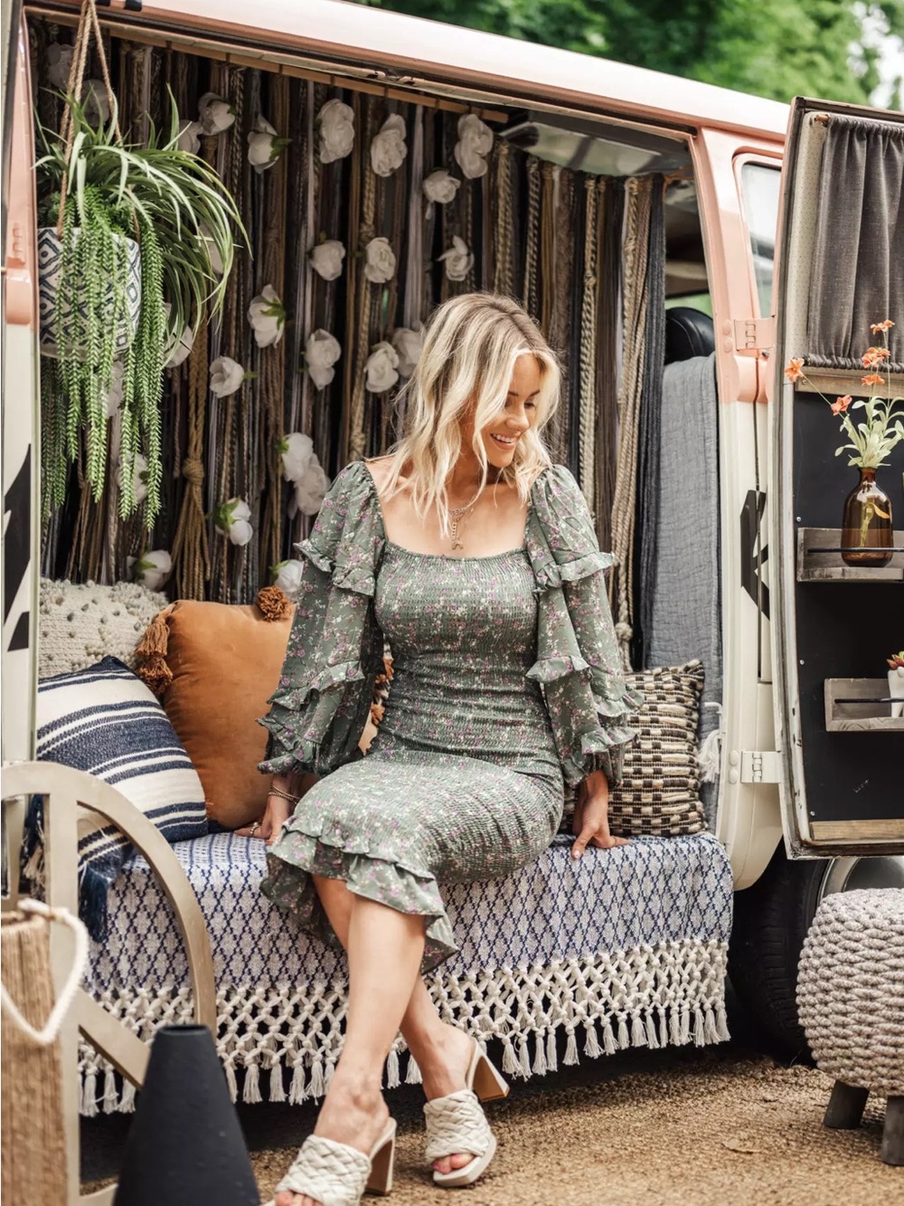 Petal & Pup Sage Green Floral Midi Dress with Puff Sleeves - Picture 4 of 12